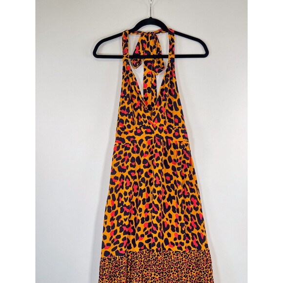 Maaji Womens Dress Orange Maxi Leopard Halter V Neck Sleeveless A Line Boho XS - Picture 6 of 10